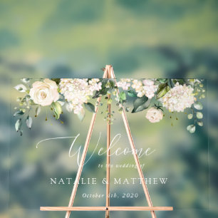 White Flowers, Cream Flowers, Wedding Welcome Acrylic Sign