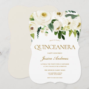 White Flowers & Cream Quinceanera Party Invitation