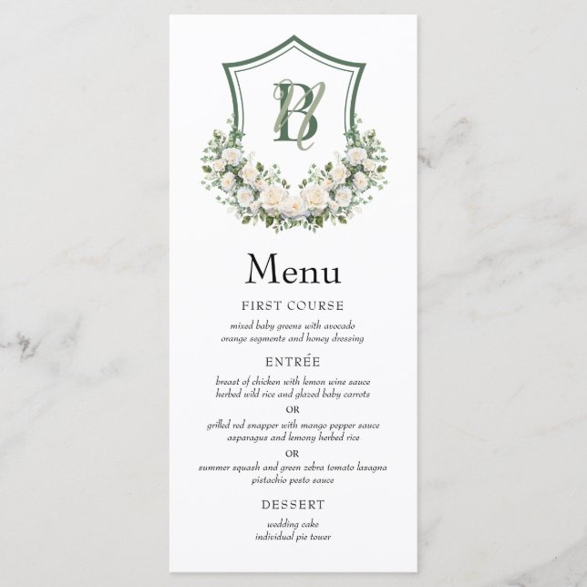 White Flowers Crest Wedding Menu (Front)