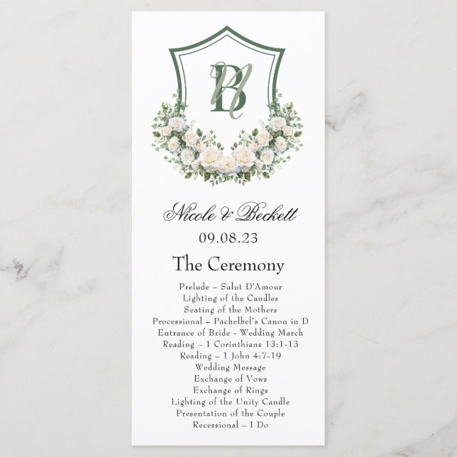 White Flowers Crest Wedding Program Programme (Front)