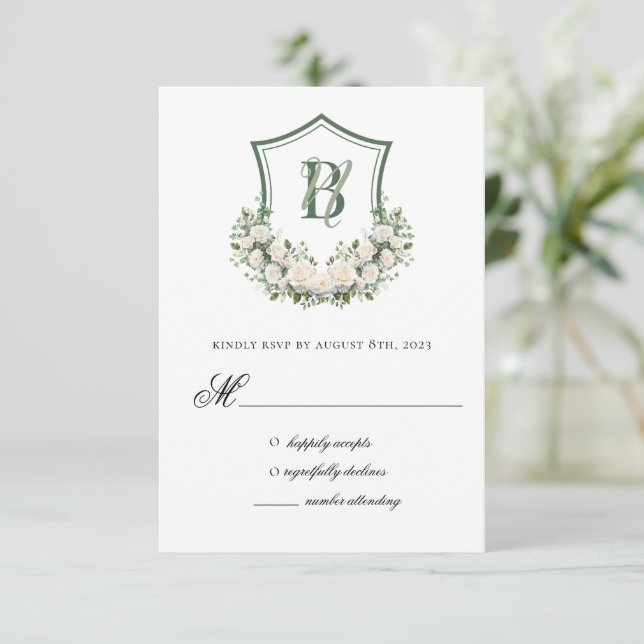White Flowers Crest Wedding RSVP Card (Standing Front)