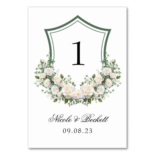 White Flowers Crest Wedding Table Number (Front)