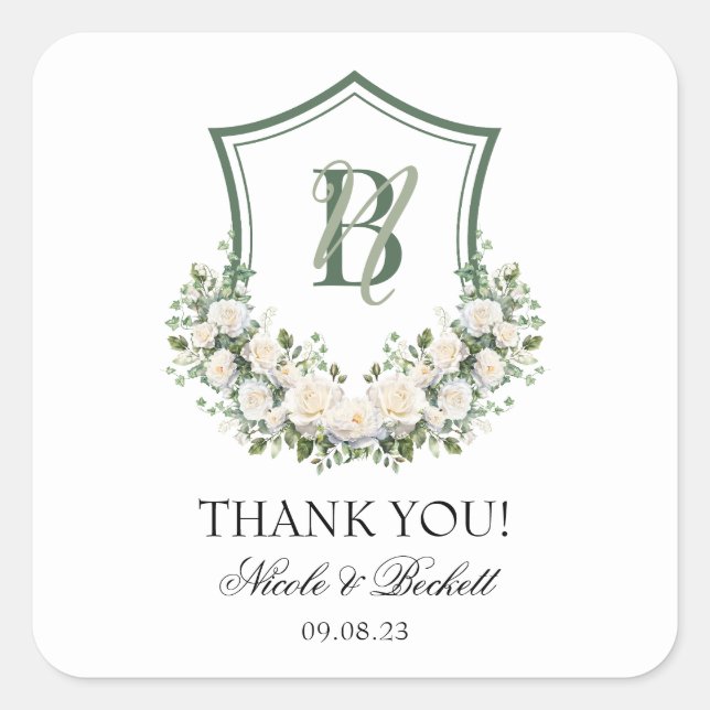 White Flowers Crest Wedding Thank You Square Sticker (Front)