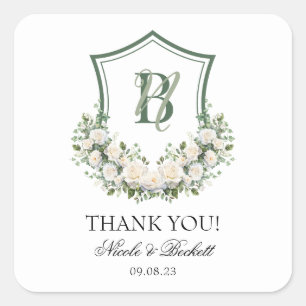 White Flowers Crest Wedding Thank You Square Sticker