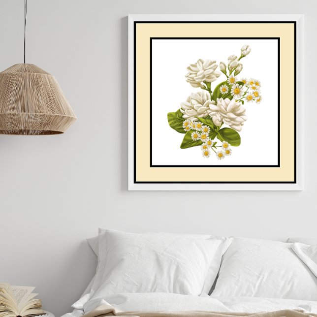 White Flowers Daisies Black Lines Yellow Border Poster (Creator Uploaded)