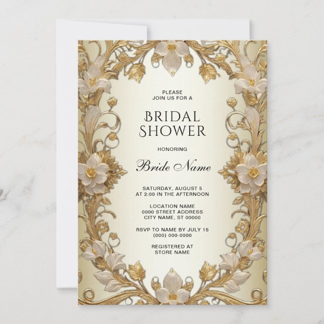 White Flowers Decorative Gold Bridal Shower Invitation (Front)