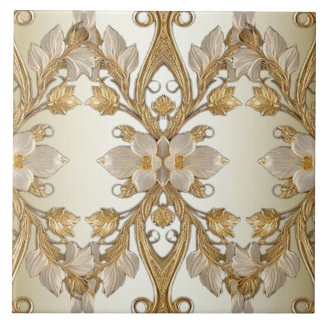 White Flowers Decorative Gold Ceramic Tile (Front)
