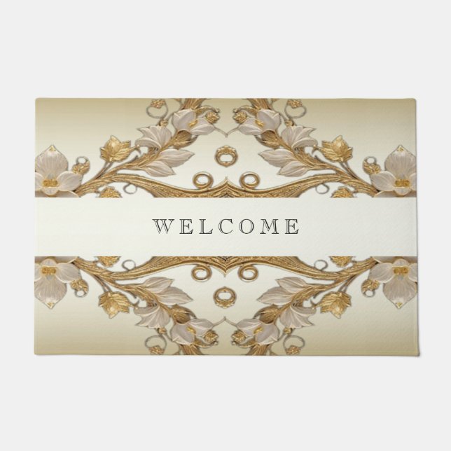 White Flowers Decorative Gold Doormat (Front)