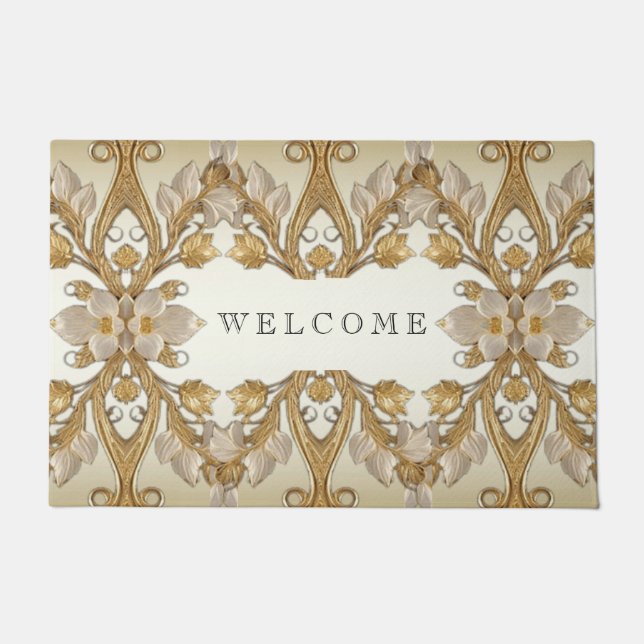 White Flowers Decorative Gold Doormat (Front)