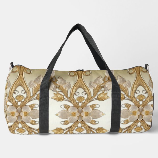 White Flowers Decorative Gold Duffle Bag (Front)