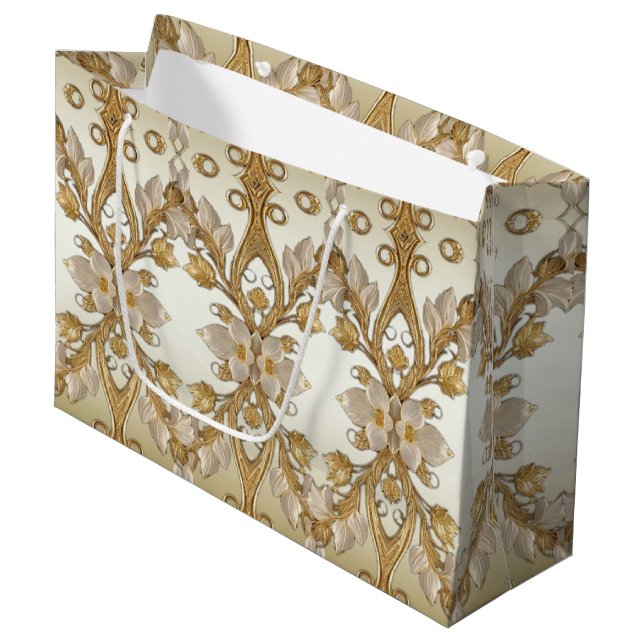 White Flowers Decorative Gold Gift Bag (Front Angled)
