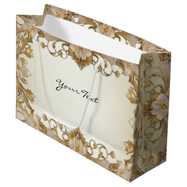 White Flowers Decorative Gold Gift Bag (Front Angled)