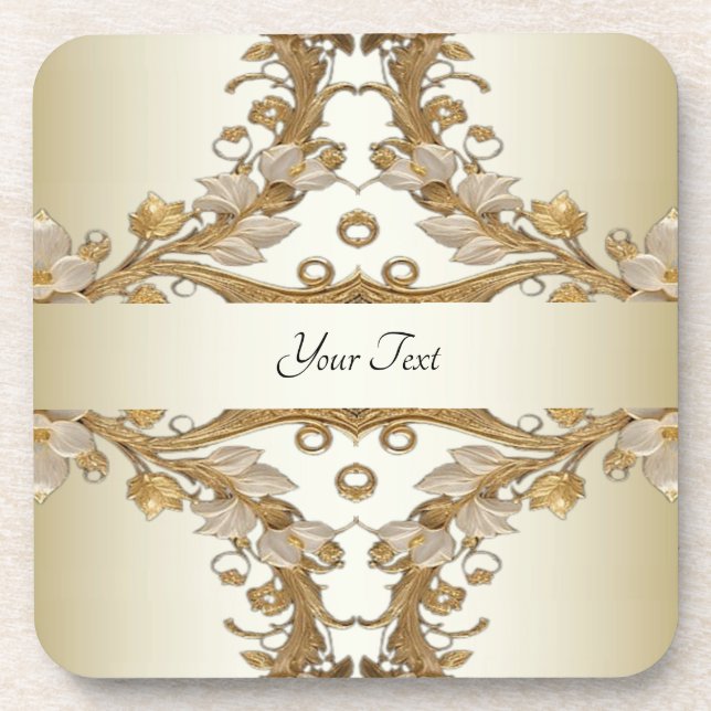 White Flowers Decorative Gold Hard Plastic Coaster (Front)