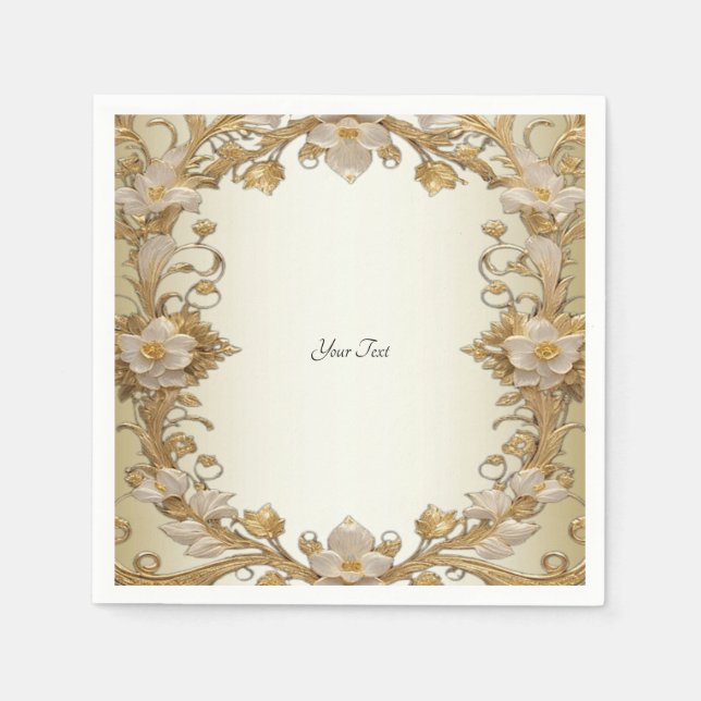 White Flowers Decorative Gold Napkins (Front)