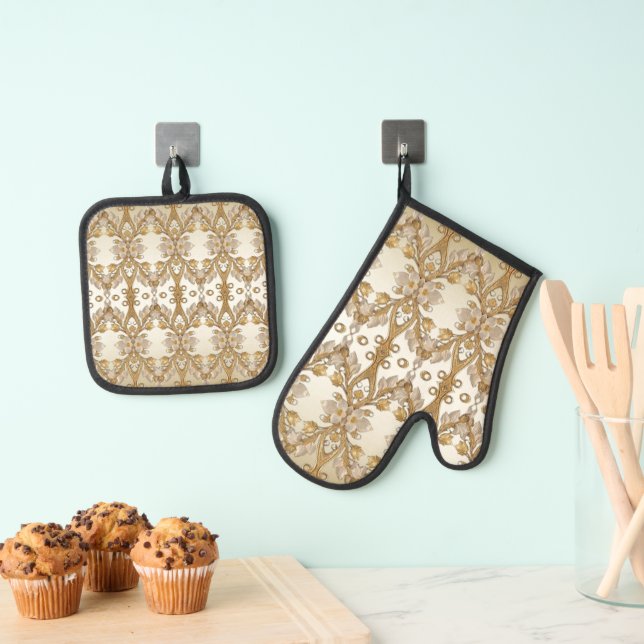 White Flowers Decorative Gold Oven Mitt & Pot Holder Set (Insitu(Hanging))