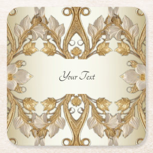 White Flowers Decorative Gold Paper Coaster