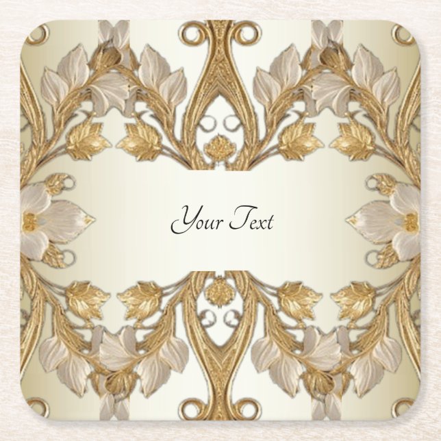 White Flowers Decorative Gold Paper Coaster (Front)