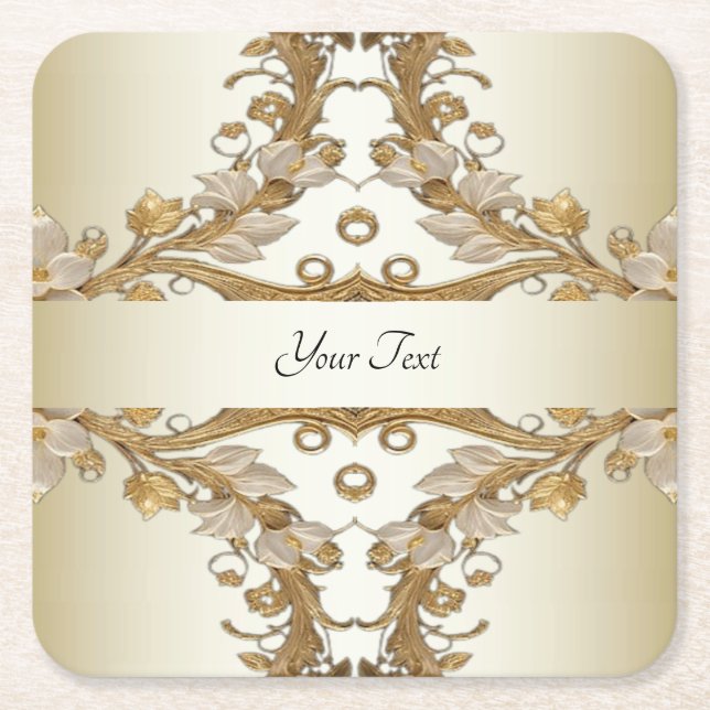 White Flowers Decorative Gold Paper Coaster (Front)