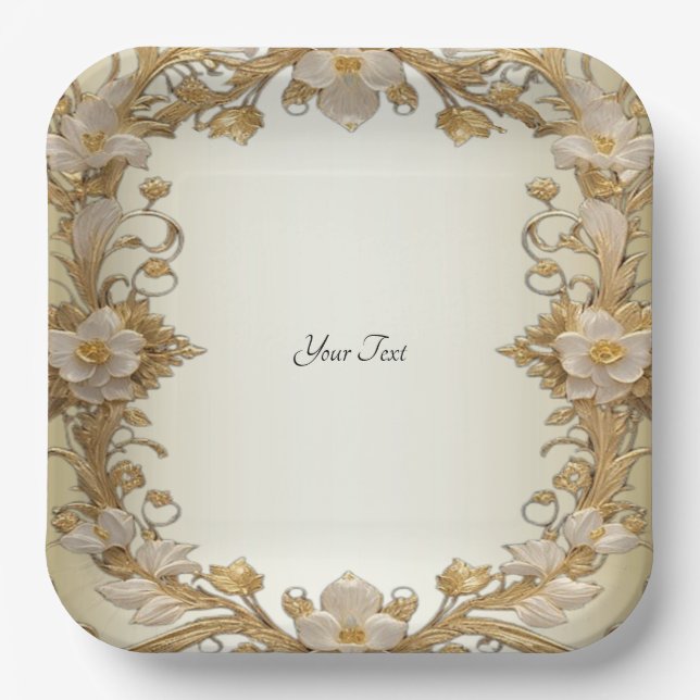 White Flowers Decorative Gold Paper Plate (Front)