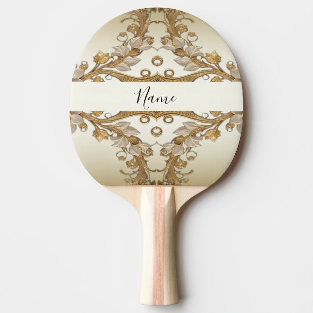 White Flowers Decorative Gold Ping Pong Paddle (Front)