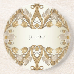 White Flowers Decorative Gold Sandstone Coaster
