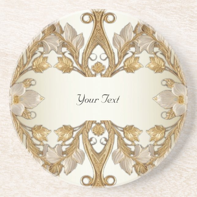 White Flowers Decorative Gold Sandstone Coaster (Front)