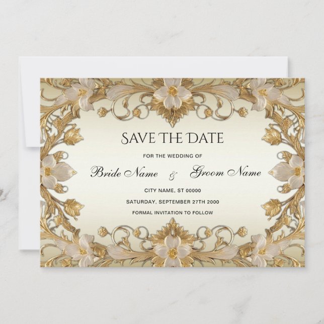 White Flowers Decorative Gold Save The Date (Front)