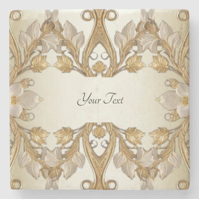 White Flowers Decorative Gold Stone Coaster (Front)