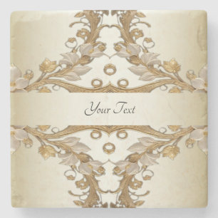 White Flowers Decorative Gold Stone Coaster