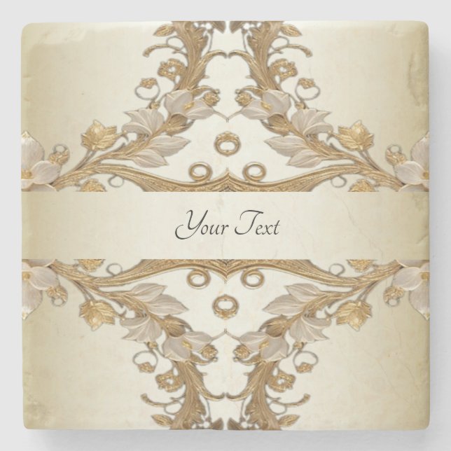 White Flowers Decorative Gold Stone Coaster (Front)