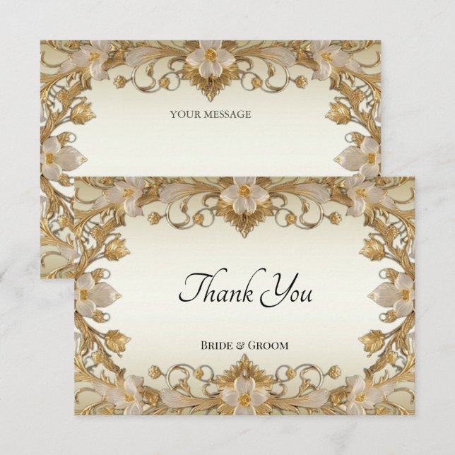 White Flowers Decorative Gold Thank You Card (Front/Back)