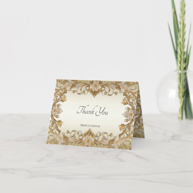 White Flowers Decorative Gold Thank You Card (Front)