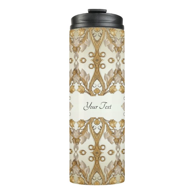 White Flowers Decorative Gold Thermal Tumbler (Front)