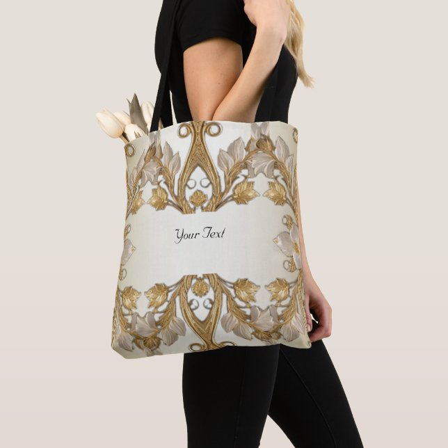 White Flowers Decorative Gold Tote Bag (Close Up)