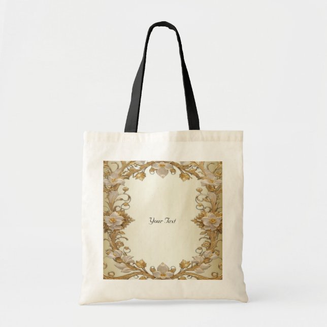 White Flowers Decorative Gold Tote Bag (Front)