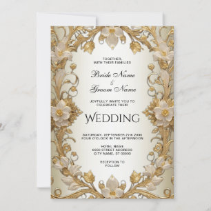 White Flowers Decorative Gold Wedding Invitation