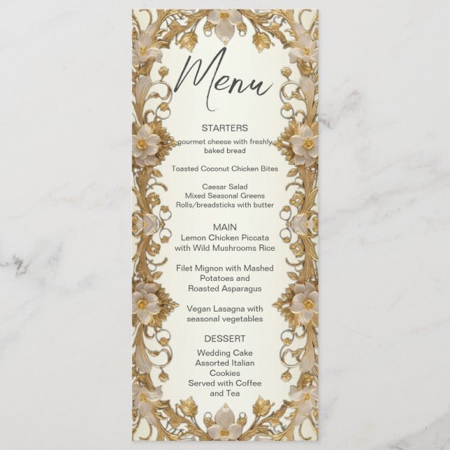White Flowers Decorative Gold Wedding Menu (Front)