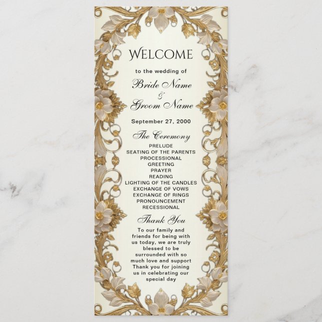 White Flowers Decorative Gold Wedding Program Programme (Front)