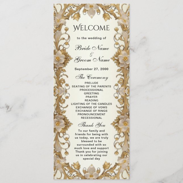 White Flowers Decorative Gold Wedding Program Programme (Front)
