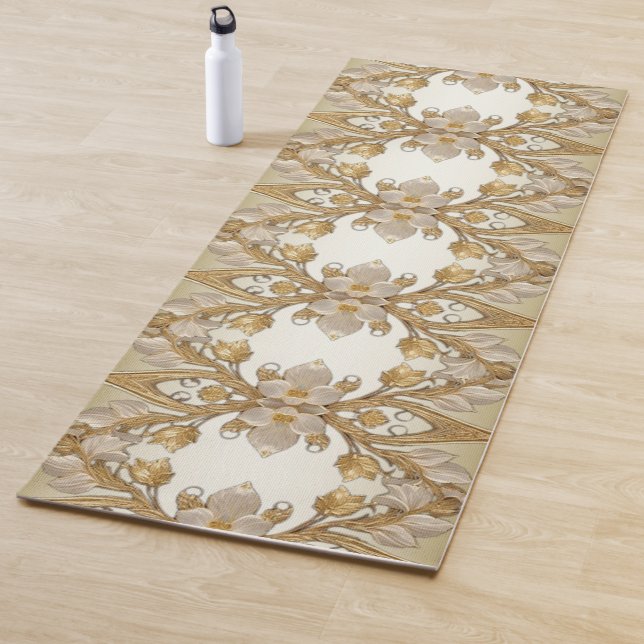 White Flowers Decorative Gold Yoga Mat (In Situ)