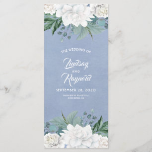 White Flowers Dusty Blue Elegant Wedding Programs Programme