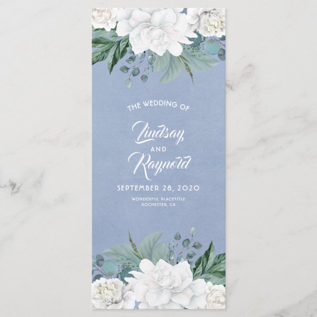 White Flowers Dusty Blue Elegant Wedding Programs Programme (Front)