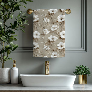 White flowers earthy tones minimalist modern bath towel set