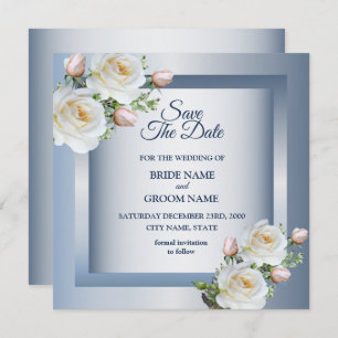 White Flowers Elegant Blue Gray Save The Date