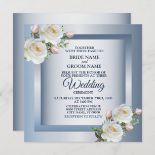 White Flowers Elegant Blue Gray Wedding Invitation
