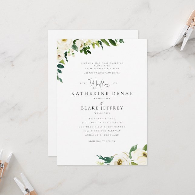 White Flowers Elegant Formal Both Parents Invitation (Front/Back In Situ)