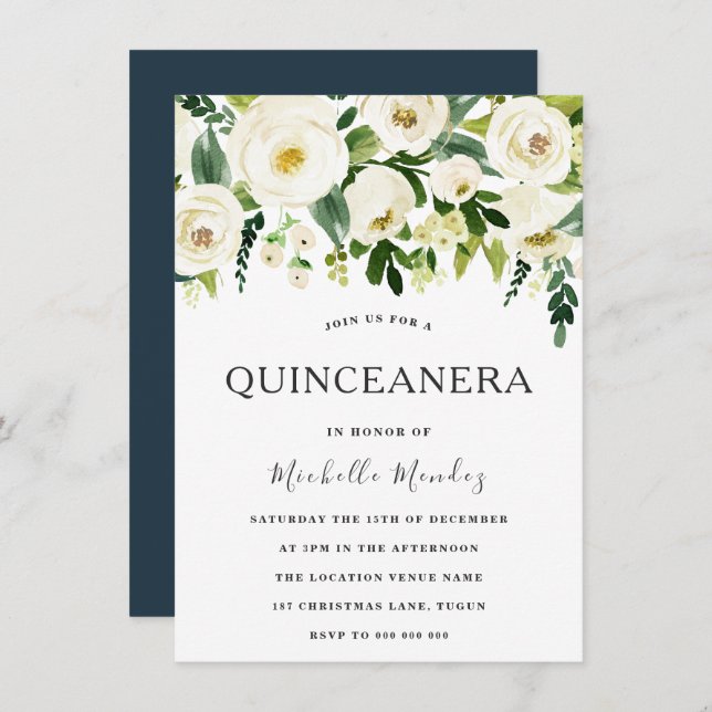 White Flowers Elegant Green Quinceanera Invitation (Front/Back)