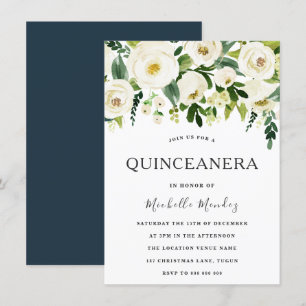 White Flowers Elegant Green Quinceanera Invitation