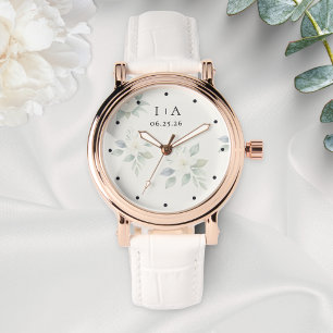 White Flowers Elegant Personalised Couple Names Watch