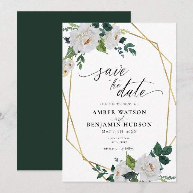 White Flowers Emerald Gold Floral Save The Date Invitation (Front/Back)